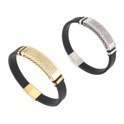 Microfiber PU Bracelet, with Brass, plated, Unisex & micro pave cubic zirconia, more colors for choice, 214x10x4mm, Sold By PC