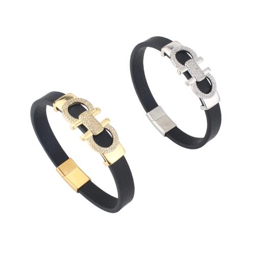 Microfiber PU Bracelet, plated, Unisex & micro pave cubic zirconia, more colors for choice, 214x10x4mm, Sold By PC