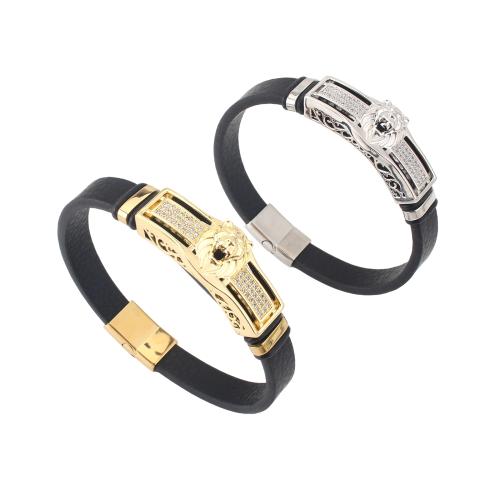 Microfiber PU Bracelet, with Brass, plated, Unisex & micro pave cubic zirconia, more colors for choice, 214x10x4mm, Sold By PC