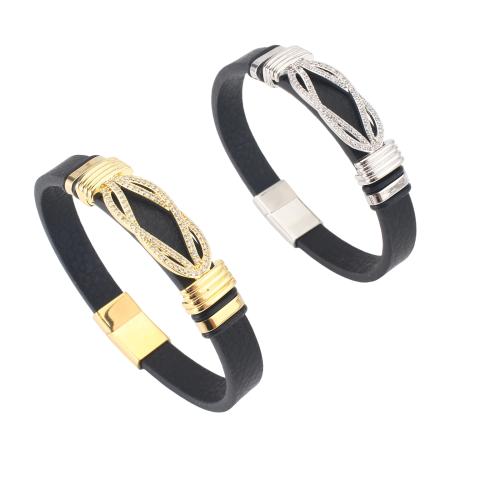 Microfiber PU Bracelet, with Brass, plated, Unisex & micro pave cubic zirconia, more colors for choice, 214x10x4mm, Sold By PC