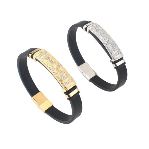 Microfiber PU Bracelet, with Brass, plated, Unisex & micro pave cubic zirconia, more colors for choice, 214x10x4mm, Sold By PC