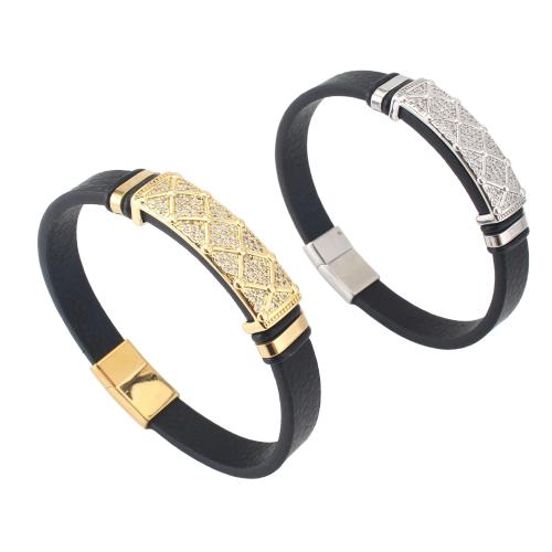 Microfiber PU Bracelet, with Brass, plated, Unisex & micro pave cubic zirconia, more colors for choice, 214x10x4mm, Sold By PC