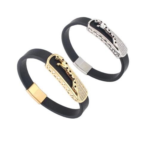 Microfiber PU Bracelet, with Brass, plated, Unisex & micro pave cubic zirconia, more colors for choice, 214x10x4mm, Sold By PC