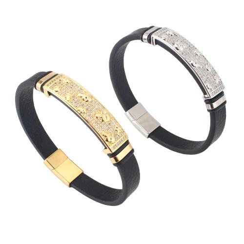 Microfiber PU Bracelet, with Brass, plated, Unisex & micro pave cubic zirconia, more colors for choice, 214x10x4mm, Sold By PC