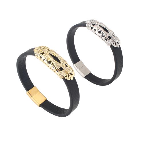 Microfiber PU Bracelet, with Brass, plated, Unisex & micro pave cubic zirconia, more colors for choice, 214x10x4mm, Sold By PC