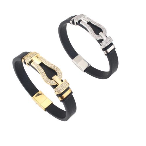 Microfiber PU Bracelet, with Brass, plated, Unisex & micro pave cubic zirconia, more colors for choice, 214x10x4mm, Sold By PC