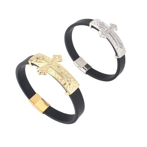 Microfiber PU Bracelet, with Brass, Cross, plated, Unisex & micro pave cubic zirconia, more colors for choice, 214x10x4mm, Sold By PC