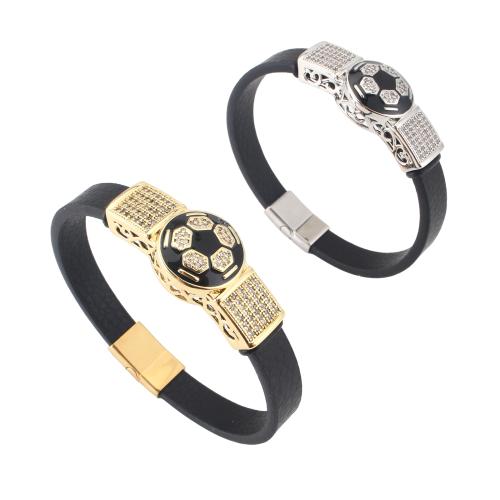 Microfiber PU Bracelet, with Brass, Football, plated, Unisex & micro pave cubic zirconia & enamel, more colors for choice, 214x10x4mm, Sold By PC