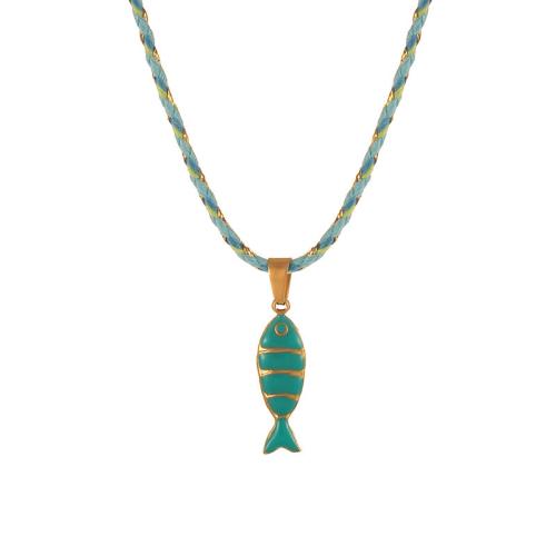 Titanium Steel Necklace, with Polyester Cord, Fish, gold color plated, for woman & enamel, more colors for choice, Length:Approx 40 cm, Sold By PC