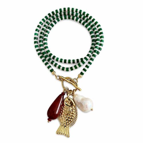 Lampwork Necklace, with Gemstone & Plastic Pearl & 304 Stainless Steel, Fish, handmade, vintage & for woman, Length:55 cm, Sold By PC