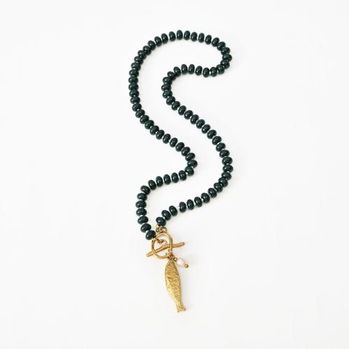 304 Stainless Steel Necklace, with Freshwater Pearl & Lampwork, Fish, gold color plated, ocean design & for woman, Length:Approx 50 cm, Sold By PC