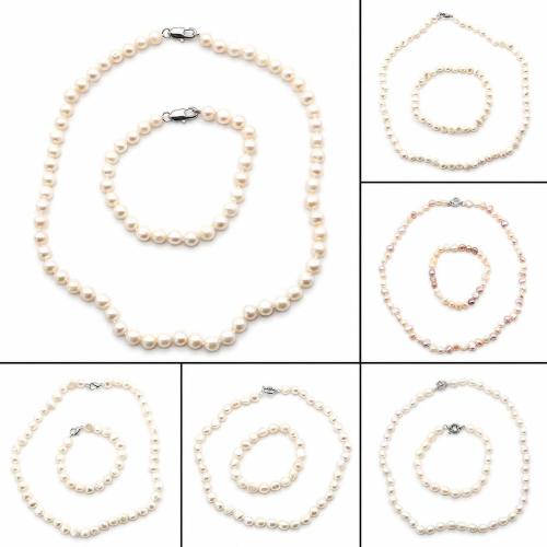 Freshwater Pearl Bracelet and Necklace, with Brass, 2 pieces & for woman, more colors for choice, Sold By Set