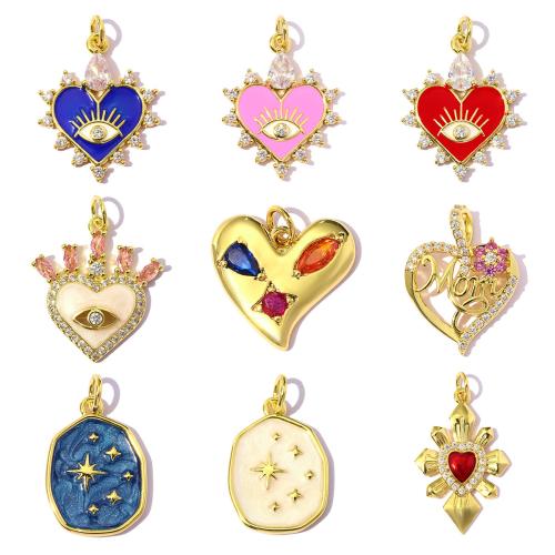 Cubic Zirconia Micro Pave Brass Pendants, gold color plated, DIY & different styles for choice & micro pave cubic zirconia & enamel, 3PCs/Bag, Sold By Bag