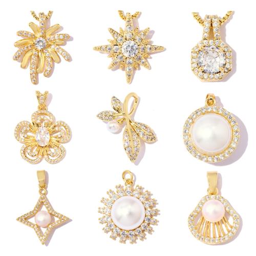 Cubic Zirconia Micro Pave Brass Pendants, with ABS Plastic Pearl, gold color plated, DIY & different styles for choice & micro pave cubic zirconia, 3PCs/Bag, Sold By Bag