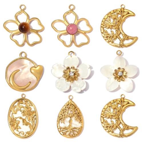 Stainless Steel Pendants, 304 Stainless Steel, with Shell, gold color plated, DIY & different styles for choice & with rhinestone, 3PCs/Bag, Sold By Bag