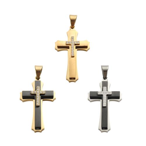 Stainless Steel Cross Pendants, 304 Stainless Steel, plated, DIY & with rhinestone, more colors for choice, 53.20x30.10x7.90mm, Hole:Approx 11x7.5mm, Sold By PC