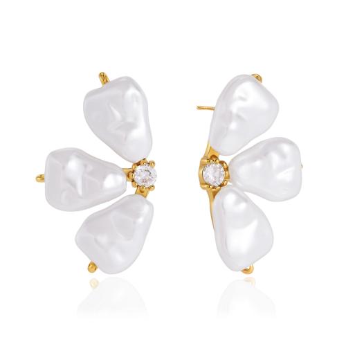 304 Stainless Steel Stud Earring, with Plastic Pearl, gold color plated, micro pave cubic zirconia & for woman, 18.80x33.20mm, Sold By Pair