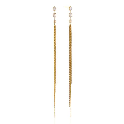 304 Stainless Steel Tassel Earring, gold color plated, micro pave cubic zirconia & for woman, 190mm, Sold By Pair