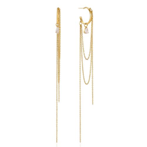 304 Stainless Steel Tassel Earring, gold color plated, micro pave cubic zirconia & for woman, 155.50mm, Sold By Pair