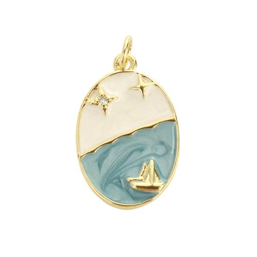 Cubic Zirconia Micro Pave Brass Pendants, Flat Oval, real gold plated, DIY & micro pave cubic zirconia & enamel, 23x15x2.10mm, Hole:Approx 3.5mm, Sold By PC