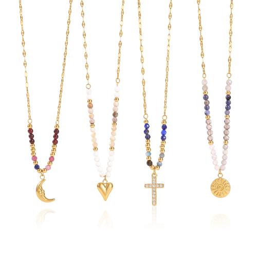 Acier inoxydable 304 collier, avec pierre gemme, Placage de couleur d'or, styles différents pour le choix & pour femme & avec strass, Vendu par PC