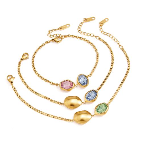 304 Stainless Steel Bracelet, with Glass, with 3cm extender chain, gold color plated, fashion jewelry & for woman, more colors for choice, Length:Approx 17 cm, Sold By PC