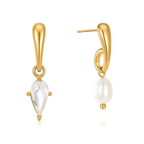 Acier inoxydable 304 Boucles d'oreilles asymétriques, avec perle d'eau douce cultivée, Placage de couleur d'or, bijoux de mode & pour femme & avec strass, Vendu par paire