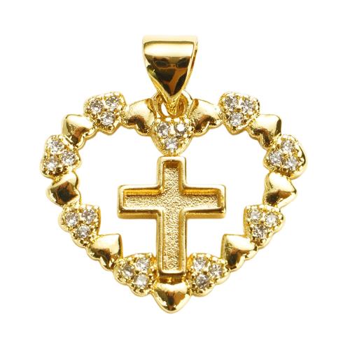 Cubic Zirconia Micro Pave Brass Pendants, Heart and Cross, real gold plated, DIY & micro pave cubic zirconia & hollow, 18x22x2mm, Hole:Approx 7x5mm, Sold By PC