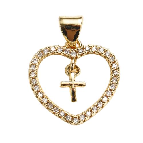 Cubique Pendentif en laiton zircon pavent, Coeur et la Croix, Plaqué d'or, DIY & pavé de micro zircon & creux, 15x17x2mm, Trou:Environ 7x5mm, Vendu par PC