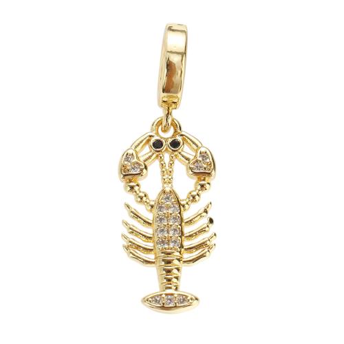 Cubique Pendentif en laiton zircon pavent, homard, Plaqué d'or, DIY, 22x12x2mm, Trou:Environ 5mm, Vendu par PC