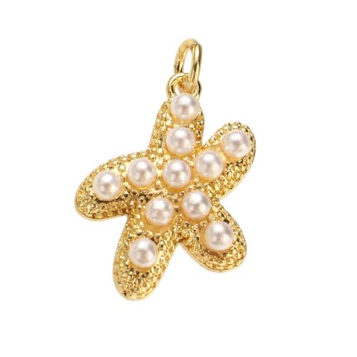 Brass Jewelry Pendants, with Plastic Pearl, Starfish, real gold plated, DIY, 20x15x5mm, Hole:Approx 4mm, Sold By PC