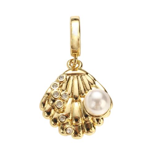 Цирконий Micro Pave латунь подвеска, Латунь, с Пластиковая жемчужина, Раковина, плакированный настоящим золотом, DIY & инкрустированное микро кубического циркония, 20x17x7mm, отверстие:Приблизительно 5mm, продается PC