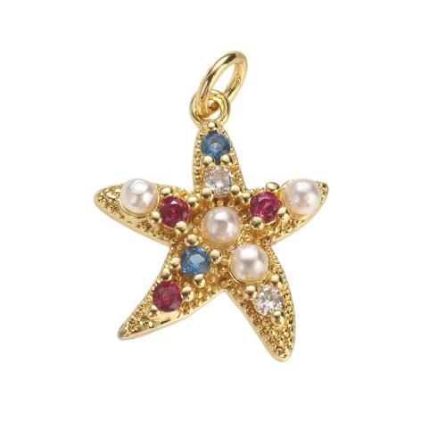 Цирконий Micro Pave латунь подвеска, Латунь, с Пластиковая жемчужина, Морская звезда, плакированный настоящим золотом, DIY & инкрустированное микро кубического циркония, 18x16x4mm, отверстие:Приблизительно 4mm, продается PC