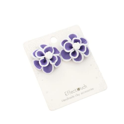 argile de polymère boucle d oreille dormeuse, fleur, bijoux de mode & pour femme, violet, earring size 23x23mm, needle length 12mm, Vendu par paire