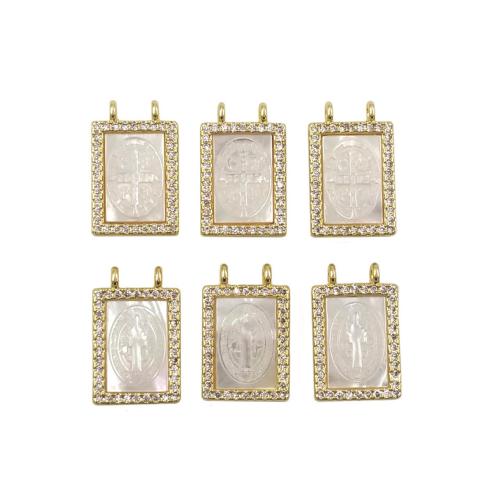 Natural White Shell Pendants, with Tibetan Style, Rectangle, gold color plated, DIY & different styles for choice & micro pave cubic zirconia, 11.50x15mm, Sold By PC