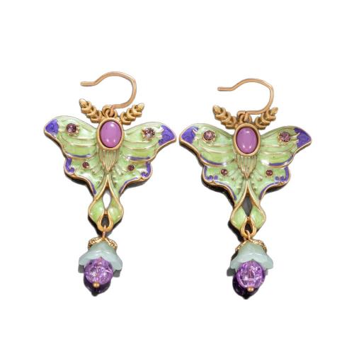 Brass Drop Earring, Butterfly, gold color plated, for woman & enamel & with rhinestone, 38x69mm, Sold By Pair