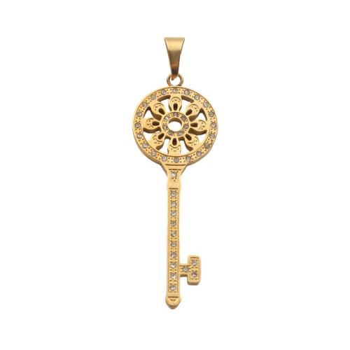 Bijoux pendentifs en acier inoxydable , Acier inoxydable 304, clé, Placage de couleur d'or, DIY & avec strass, 57.70x20x2.30mm, Vendu par PC