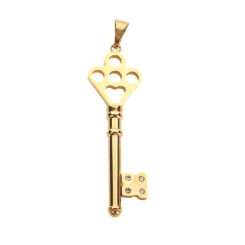 Stainless Steel Pendants, 304 Stainless Steel, Key, gold color plated, DIY & with rhinestone, 60.70x18.50x4.20mm, Sold By PC