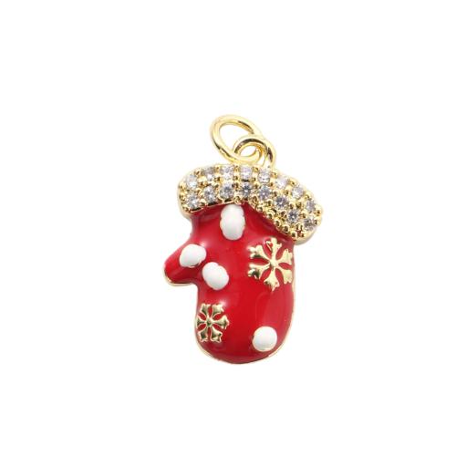 Cubic Zirconia Micro Pave Brass Pendants, Christmas Glove, gold color plated, Christmas Design & DIY & micro pave cubic zirconia & enamel, 19.10x13x4.70mm, Sold By PC