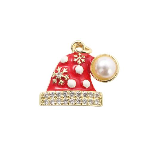 Cubic Zirconia Micro Pave Brass Pendants, with Plastic Pearl, Christmas Hat, gold color plated, Christmas Design & DIY & micro pave cubic zirconia & enamel, 17x19.50x3.90mm, Sold By PC