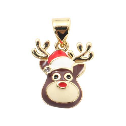 Cubic Zirconia Micro Pave Brass Pendants, Christmas Reindeer, gold color plated, Christmas Design & DIY & micro pave cubic zirconia & enamel, 14.10x12.70x3.40mm, Sold By PC