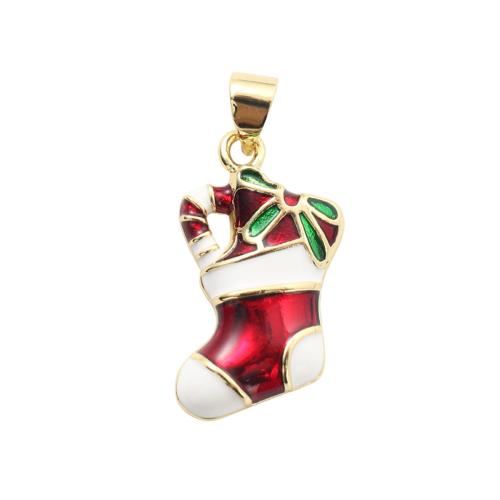 Bijoux pendentifs en laiton, chaussette de noël, Placage de couleur d'or, Conception de Noël & DIY & émail, 22x12.40x2.80mm, Vendu par PC