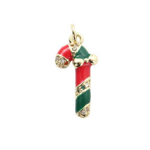Cubique Pendentif en laiton zircon pavent, canne à sucre de noël, Placage de couleur d'or, Conception de Noël & DIY & pavé de micro zircon & émail, 22x10.80x3.40mm, Vendu par PC
