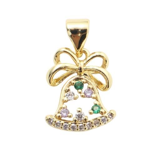 Cubique Pendentif en laiton zircon pavent, cloche de noël, Placage de couleur d'or, Conception de Noël & DIY & pavé de micro zircon & creux, 14x11.30x3mm, Vendu par PC