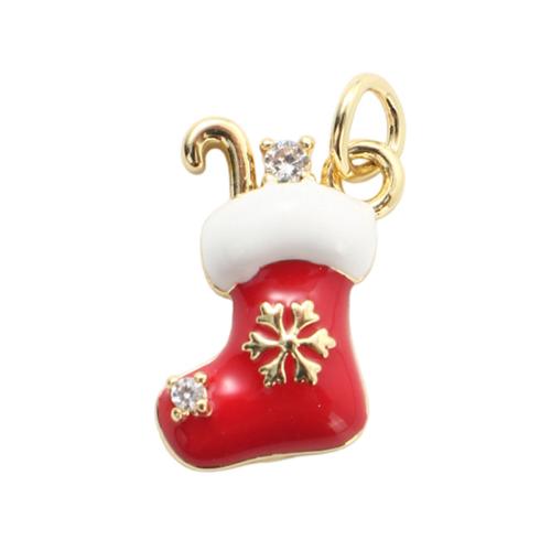 Cubique Pendentif en laiton zircon pavent, chaussette de noël, Placage de couleur d'or, DIY & pavé de micro zircon & émail, 15.80x12.30x3.80mm, Vendu par PC
