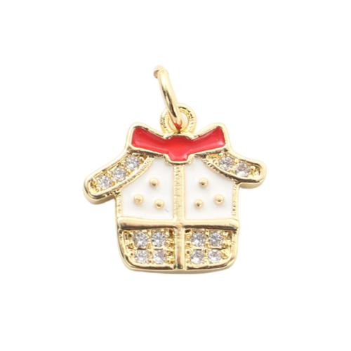 Cubique Pendentif en laiton zircon pavent, Boîte, Placage de couleur d'or, Conception de Noël & DIY & pavé de micro zircon & émail, 12.70x13.40x1.80mm, Vendu par PC