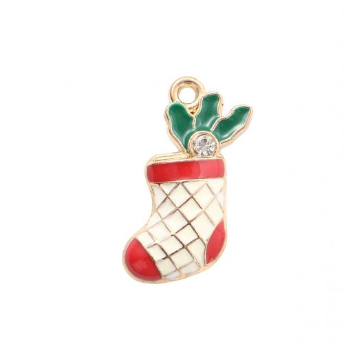 Pendentifs Noël en alliage de zinc, chaussette de noël, Placage de couleur d'or, DIY & émail & avec strass, 23.90x17x3.10mm, Vendu par PC