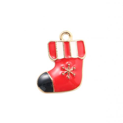 Pendentifs Noël en alliage de zinc, chaussette de noël, Placage de couleur d'or, DIY & émail, 19.10x16.40x2.40mm, Vendu par PC