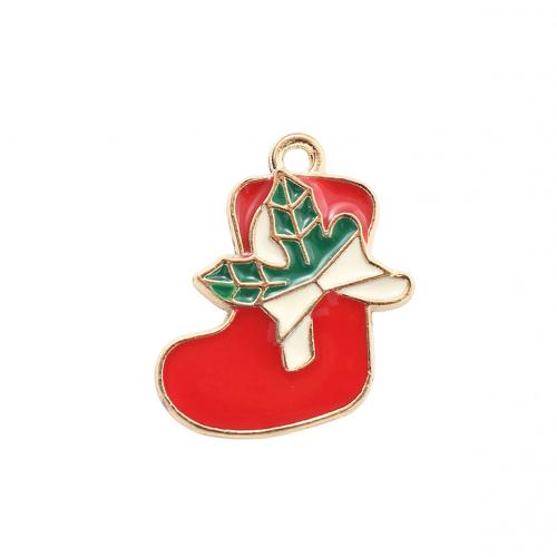 Pendentifs Noël en alliage de zinc, chaussette de noël, Placage de couleur d'or, DIY & émail, 23.70x20.20x1.30mm, Vendu par PC