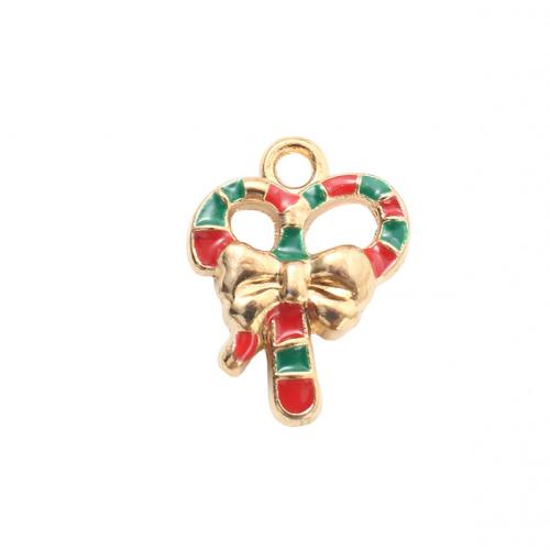 Pendentifs Noël en alliage de zinc, canne à sucre de noël, Placage de couleur d'or, DIY & émail, 17x13x3.10mm, Vendu par PC